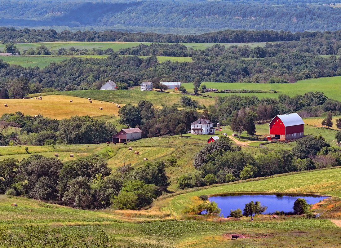 Contact - Aerial View of Green Farmland and Buildings Surrounded by Green Trees on a Sunny Summer Day in Iowa